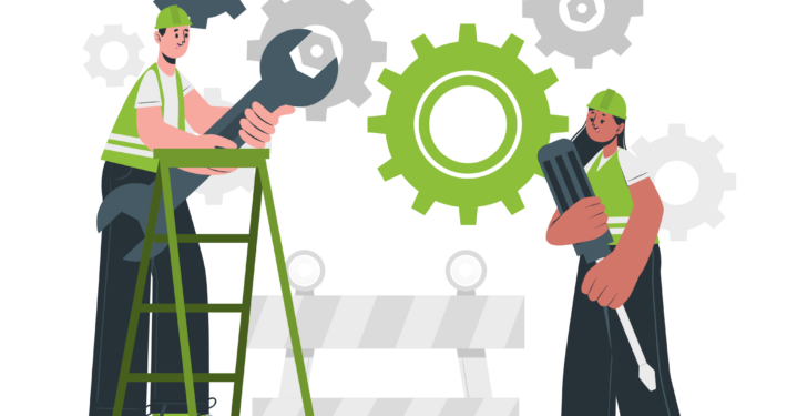 Grafik: zwei Menschen arbeiten mit Werkzeugen an einer Baustelle